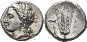 LUCANIA. Metapontion. Circa 330-290 BC. Nomos (Silver, 19 mm, 7.59 g, 12 h). Head of Demeter to left, wearing wreath of grain ears, triple pendant ear...