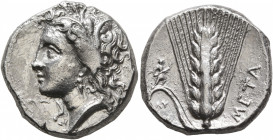 LUCANIA. Metapontion. Circa 330-290 BC. Nomos (Silver, 20 mm, 7.87 g, 9 h). Head of Demeter to left, wearing wreath of grain ears, triple pendant earr...
