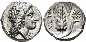 LUCANIA. Metapontion. Circa 330-290 BC. Nomos (Silver, 19 mm, 7.82 g, 3 h). Head of Demeter to right, wearing wreath of grain ears, triple pendant ear...
