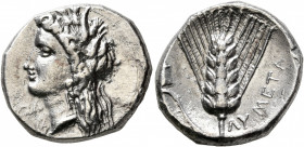 LUCANIA. Metapontion. Circa 330-290 BC. Nomos (Silver, 20 mm, 7.73 g, 1 h). Head of Demeter to left, wearing wreath of grain ears, triple pendant earr...
