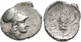 LUCANIA. Metapontion. Circa 325-275 BC. Diobol (Silver, 13 mm, 1.32 g, 11 h). Head of Athena to right, wearing Corinthian helmet. Rev. ΜΕΤΑ Barley ear...
