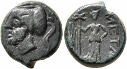 LUCANIA. Metapontion. Circa 225-20 BC. AE (Bronze, 16 mm, 4.88 g, 6 h). Head of Leukippos to left, wearing crested Corinthian helmet. Rev. ΜΕΤΑ Demete...