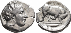 LUCANIA. Thourioi. Circa 400-350 BC. Nomos (Silver, 22 mm, 7.55 g, 12 h). Head of Athena to right, wearing crested Attic helmet adorned, on the bowl, ...