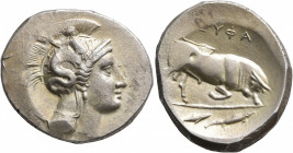 LUCANIA. Thourioi. Circa 350-300 BC. Distater (Silver, 29 mm, 15.19 g, 3 h), Eupha-, magistrate. Head of Athena to left, wearing crested Attic helmet ...