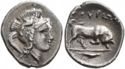 LUCANIA. Thourioi. Circa 350-300 BC. Triobol (Silver, 13 mm, 0.95 g, 7 h). Head of Athena to right, wearing crested Attic helmet decorated with a grif...