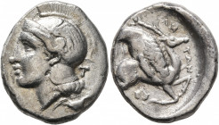 LUCANIA. Velia. Circa 400-340 BC. Didrachm or Nomos (Silver, 22 mm, 7.39 g, 5 h). Head of Athena to left, wearing crested Athenian helmet decorated wi...