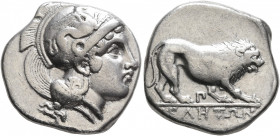 LUCANIA. Velia. Circa 340-334 BC. Didrachm or Nomos (Silver, 20 mm, 7.44 g, 11 h). Head of Athena to right, wearing crested Attic helmet adorned with ...