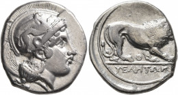 LUCANIA. Velia. Circa 340-334 BC. Didrachm or Nomos (Silver, 21 mm, 7.25 g, 1 h). Head of Athena to right, wearing crested Attic helmet adorned with a...