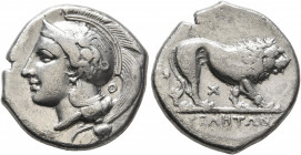LUCANIA. Velia. Circa 340-334 BC. Didrachm or Nomos (Silver, 21 mm, 7.39 g, 3 h). Head of Athena to left, wearing crested Attic helmet adorned with a ...