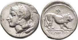 LUCANIA. Velia. Circa 340-334 BC. Didrachm or Nomos (Silver, 23 mm, 7.50 g, 2 h). Head of Athena to left, wearing crested Attic helmet adorned with a ...