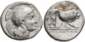 LUCANIA. Velia. Circa 340-334 BC. Didrachm or Nomos (Silver, 22 mm, 7.38 g, 8 h). Head of Athena to right, wearing crested Attic helmet adorned with a...
