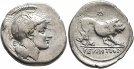 LUCANIA. Velia. Circa 340-334 BC. Didrachm or Nomos (Silver, 24 mm, 7.50 g, 8 h). Head of Athena to right, wearing crested Attic helmet adorned with a...