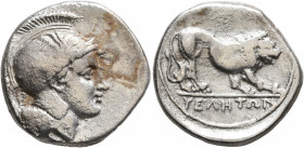 LUCANIA. Velia. Circa 340-334 BC. Didrachm or Nomos (Silver, 22 mm, 7.64 g, 6 h). Head of Athena to right, wearing crested Attic helmet adorned with a...