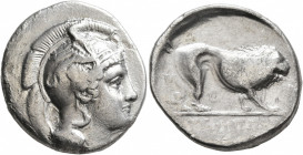 LUCANIA. Velia. Circa 334-300 BC. Didrachm or Nomos (Silver, 22 mm, 7.38 g, 2 h). Head of Athena to right, wearing crested Attic helmet adorned with a...