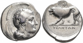 LUCANIA. Velia. Circa 334-300 BC. Didrachm or Nomos (Silver, 22 mm, 7.59 g, 11 h), Kleudoros Group. Head of Athena to right, wearing crested Attic hel...
