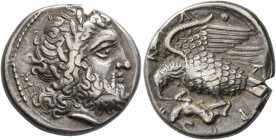 BRUTTIUM. Lokroi Epizephyrioi. Circa 400-350 BC. Nomos (Silver, 21 mm, 7.57 g, 8 h). Laureate head of Zeus to right; behind, thunderbolt. Rev. ΛOKPΩN ...