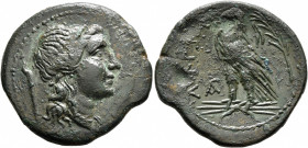 BRUTTIUM. Lokroi Epizephyrioi. Circa 287-278 BC. AE (Bronze, 28 mm, 9.85 g, 12 h). Head of Persephone to right; behind, torch. Rev. ΛΟΚΡΩΝ Eagle stand...