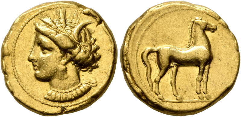 CARTHAGE. Circa 350-320 BC. Stater (Gold, 18 mm, 9.39 g, 2 h). Head of Tanit to ...