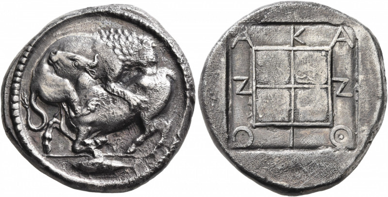 MACEDON. Akanthos. Circa 470-430 BC. Tetradrachm (Silver, 27 mm, 16.46 g, 10 h)....