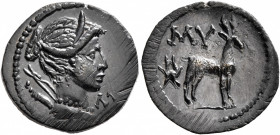 LYCIAN LEAGUE. Circa 27-23 BC. AE (Bronze, 20 mm, 3.02 g, 12 h), Myra-Masikytes. ΛΥ Head of Artemis to right, with bow and quiver over her left should...