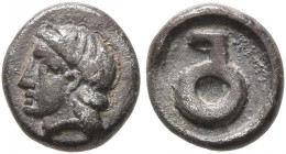 WESTERN ASIA MINOR, Uncertain. 5th century BC. Obol (?) (Silver, 7 mm, 0.49 g). Head of Apollo to left. Rev. Monogram within circular incuse. Gitbud &...