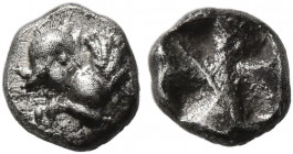 WESTERN ASIA MINOR, Uncertain. 5th century BC. Hemiobol (Silver, 6 mm, 0.29 g). Forepart of a sphinx to left. Rev. Quadripartite incuse square. Klein ...