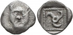 DYNASTS OF LYCIA. Uncertain dynast, 5th-4th centuries BC. Obol (Silver, 9 mm, 0.55 g). Facing male head. Rev. &#66204;&#66177; (?) ('xe' in Lycian) Tr...