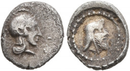 DYNASTS OF LYCIA. Kherei, circa 440/30-410 BC. Hemiobol (Silver, 9 mm, 0.48 g, 12 h). Head of Athena to right, wearing crested Attic helmet. Rev. Bear...