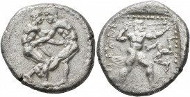 PAMPHYLIA. Aspendos. Circa 420-410 BC. Stater (Silver, 24 mm, 10.68 g, 12 h). Two nude wrestlers, standing and grappling with each other. Rev. ΕΣΤFΕΛΙ...