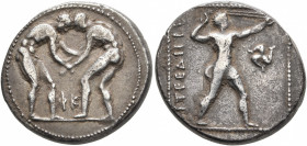 PAMPHYLIA. Aspendos. Circa 380/75-330/25 BC. Stater (Silver, 23 mm, 10.78 g, 12 h). Two nude wrestlers, standing and grappling with each other; betwee...