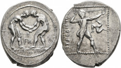 PAMPHYLIA. Aspendos. Circa 380/75-330/25 BC. Stater (Silver, 25 mm, 11.06 g, 11 h). Two nude wrestlers, standing and grappling with each other; betwee...