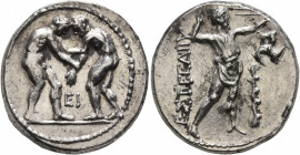 PAMPHYLIA. Aspendos. Circa 330/25-300/250 BC. Stater (Silver, 23 mm, 10.66 g, 11 h). Two nude wrestlers, standing and grappling with each other; betwe...