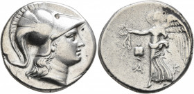 PAMPHYLIA. Side. Circa 205-100 BC. Tetradrachm (Silver, 29 mm, 16.65 g, 1 h), Ak..., magistrate. Head of Athena to right, wearing crested Corinthian h...