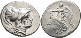 PAMPHYLIA. Side. Circa 205-100 BC. Tetradrachm (Silver, 31 mm, 16.82 g, 1 h), De..., magistrate. Head of Athena to right, wearing crested Corinthian h...