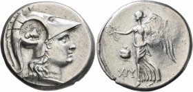 PAMPHYLIA. Side. Circa 205-100 BC. Tetradrachm (Silver, 31 mm, 16.84 g, 12 h), Chry..., magistrate. Head of Athena to right, wearing crested Corinthia...