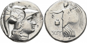 PAMPHYLIA. Side. Circa 205-100 BC. Tetradrachm (Silver, 27 mm, 16.75 g, 11 h), Chry..., magistrate. Head of Athena to right, wearing crested Corinthia...