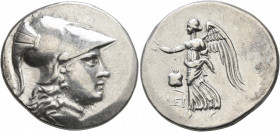 PAMPHYLIA. Side. Circa 205-100 BC. Tetradrachm (Silver, 30 mm, 16.75 g, 12 h), Dein..., magistrate. Head of Athena to right, wearing crested Corinthia...