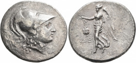 PAMPHYLIA. Side. Circa 205-100 BC. Tetradrachm (Silver, 31 mm, 14.99 g, 12 h), Deino..., magistrate. Head of Athena to right, wearing crested Corinthi...