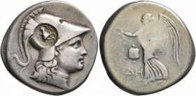 PAMPHYLIA. Side. Circa 205-100 BC. Tetradrachm (Silver, 30 mm, 16.57 g, 12 h), De(m)..., magistrate. Head of Athena to right, wearing crested Corinthi...