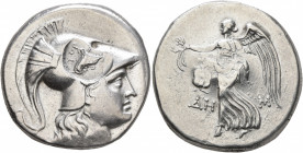 PAMPHYLIA. Side. Circa 205-100 BC. Tetradrachm (Silver, 29 mm, 16.86 g, 12 h), Dem..., magistrate. Head of Athena to right, wearing crested Corinthian...