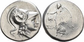 PAMPHYLIA. Side. Circa 205-100 BC. Tetradrachm (Silver, 30 mm, 16.71 g, 12 h), Ste..., magistrate. Head of Athena to right, wearing crested Corinthian...