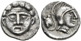 PISIDIA. Selge. Circa 350-300 BC. Obol (Silver, 9 mm, 0.67 g). Facing gorgoneion. Rev. Head of Athena to right, wearing crested Attic helmet; to left,...