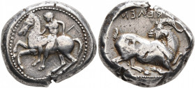 CILICIA. Kelenderis. Circa 430-420 BC. Stater (Silver, 20 mm, 10.83 g, 6 h). Youthful nude rider seated sideways on horse prancing to left, preparing ...