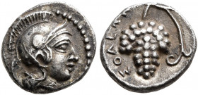 CILICIA. Soloi. Circa 350-300 BC. Obol (Silver, 9 mm, 0.77 g, 9 h). Head of Athena to right, wearing crested Attic helmet. Rev. ΣΟΛΕΩΝ Grape bunch on ...