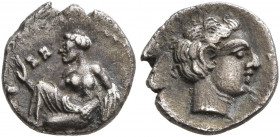 CILICIA. Tarsos. Tiribazos, satrap of Lydia, 388-380 BC. Obol (Silver, 9 mm, 0.50 g, 3 h). Female kneeling left, casting astragaloi. Rev. Head of a yo...