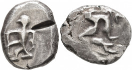 CILICIA. Uncertain. Circa 450-400 BC. Stater (Silver, 22 mm, 10.61 g). Highly stylized hoplite standing front, head to left, with schematic spear emer...