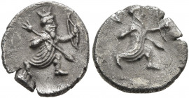 CILICIA. Uncertain. 4th century BC. Obol (Silver, 10 mm, 0.72 g, 3 h). The Persian Great King in kneeling-running stance right, holding spear in his r...