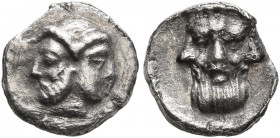 CILICIA. Uncertain. 4th century BC. Obol (Silver, 9 mm, 0.60 g, 11 h). Janiform head; on the left, a bearded male; on the right, a diademed female. Re...