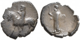 CILICIA. Uncertain. 4th century BC. Hemiobol (Silver, 9 mm, 0.34 g, 1 h). Horseman to left, wearing satrapal headdress and holding scepter (?) in his ...