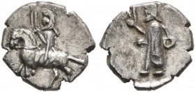 CILICIA. Uncertain. 4th century BC. Hemiobol (Silver, 8 mm, 0.38 g, 12 h). Horseman to left, wearing satrapal headdress and holding scepter (?) in his...